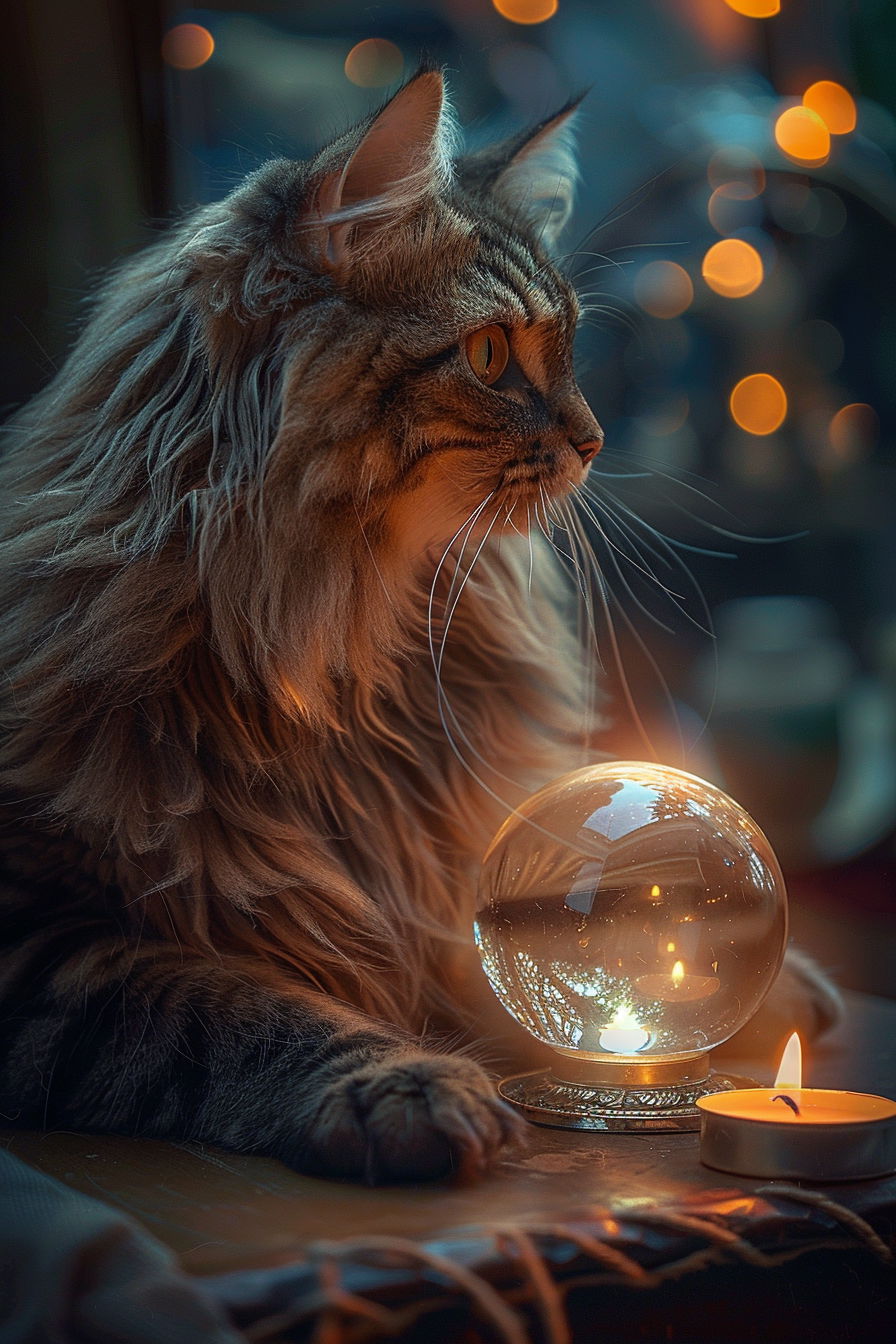 Mysterious cat beside glowing crystal ball on antique table