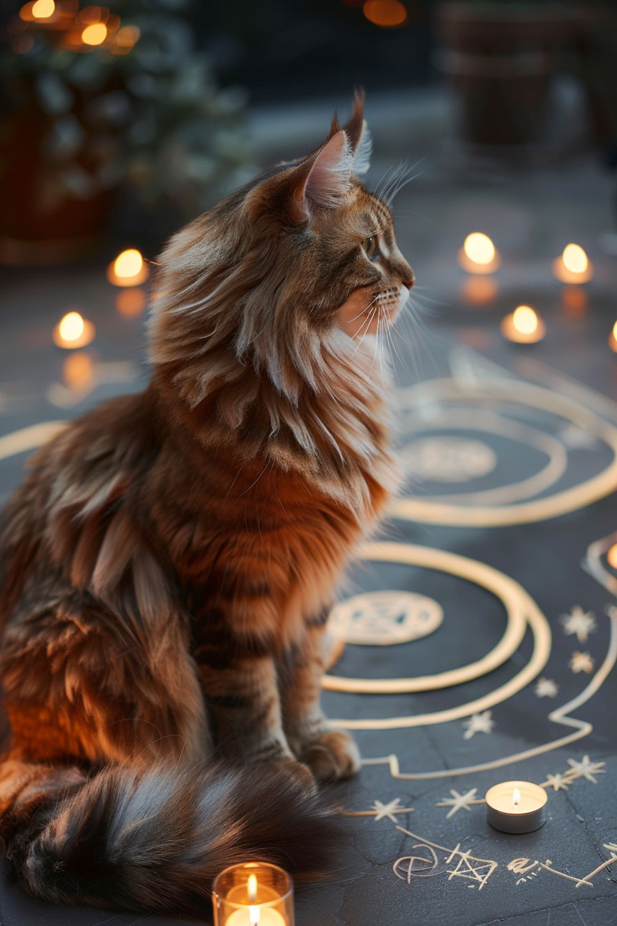 Mystical cat surrounded by glowing candles and magical symbols