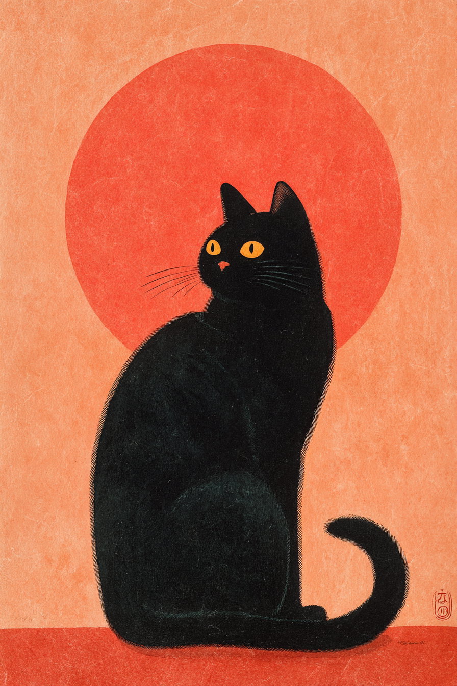 Black Neko cat block print on colorful retro paper