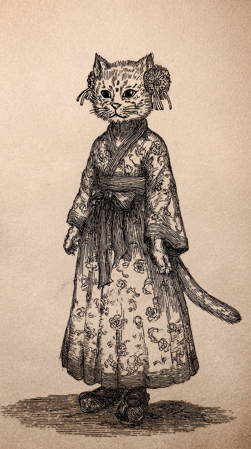 Nekomata girl in vintage engraving with mystical aura