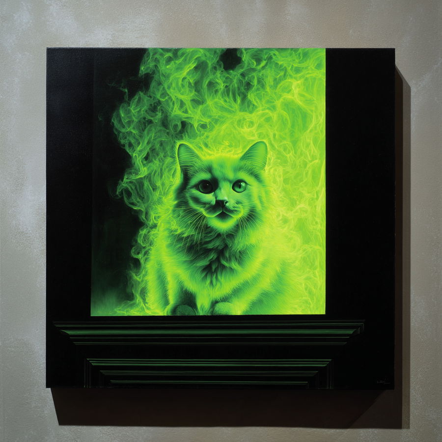 Neon green cat painting on black background with smoke