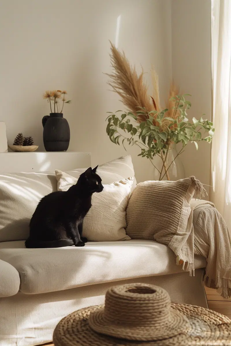 Minimalist Black Cat Wall Art for Neutral Living Room Decor