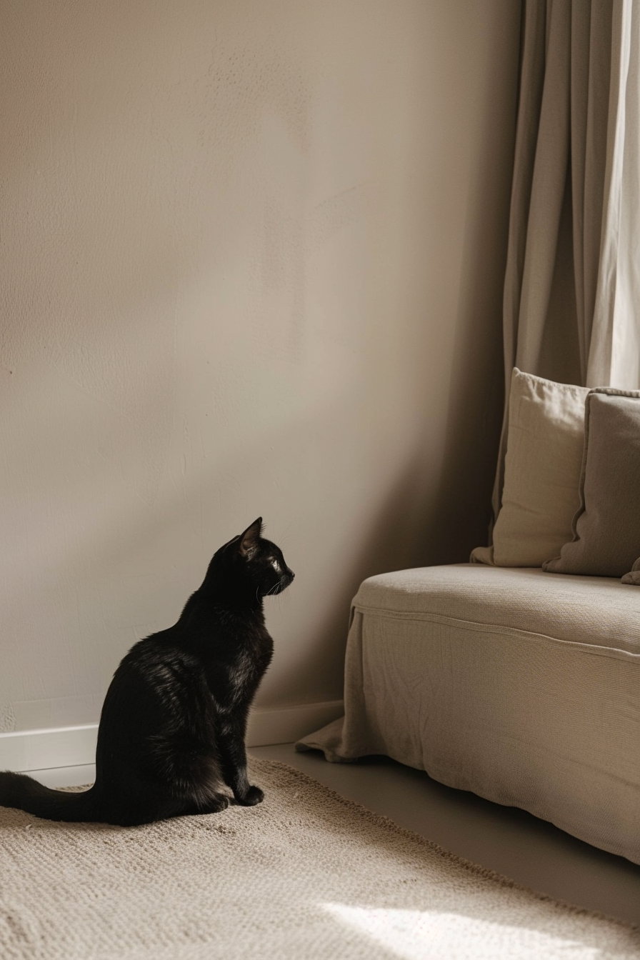 Black cat lounging in minimalist beige living room with warm light