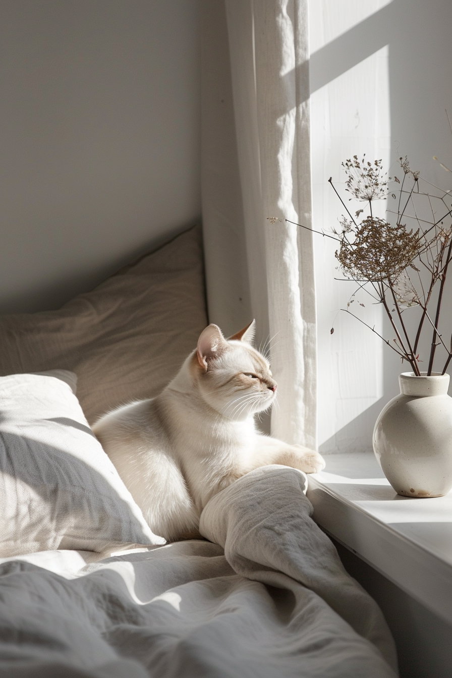 Minimalist cat decor in modern Scandinavian interior with soft shadows