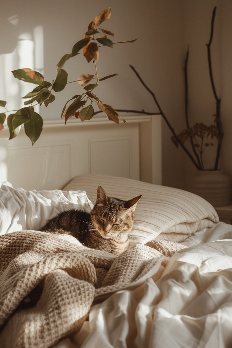 Cozy cat resting in beige bedroom with soft blankets