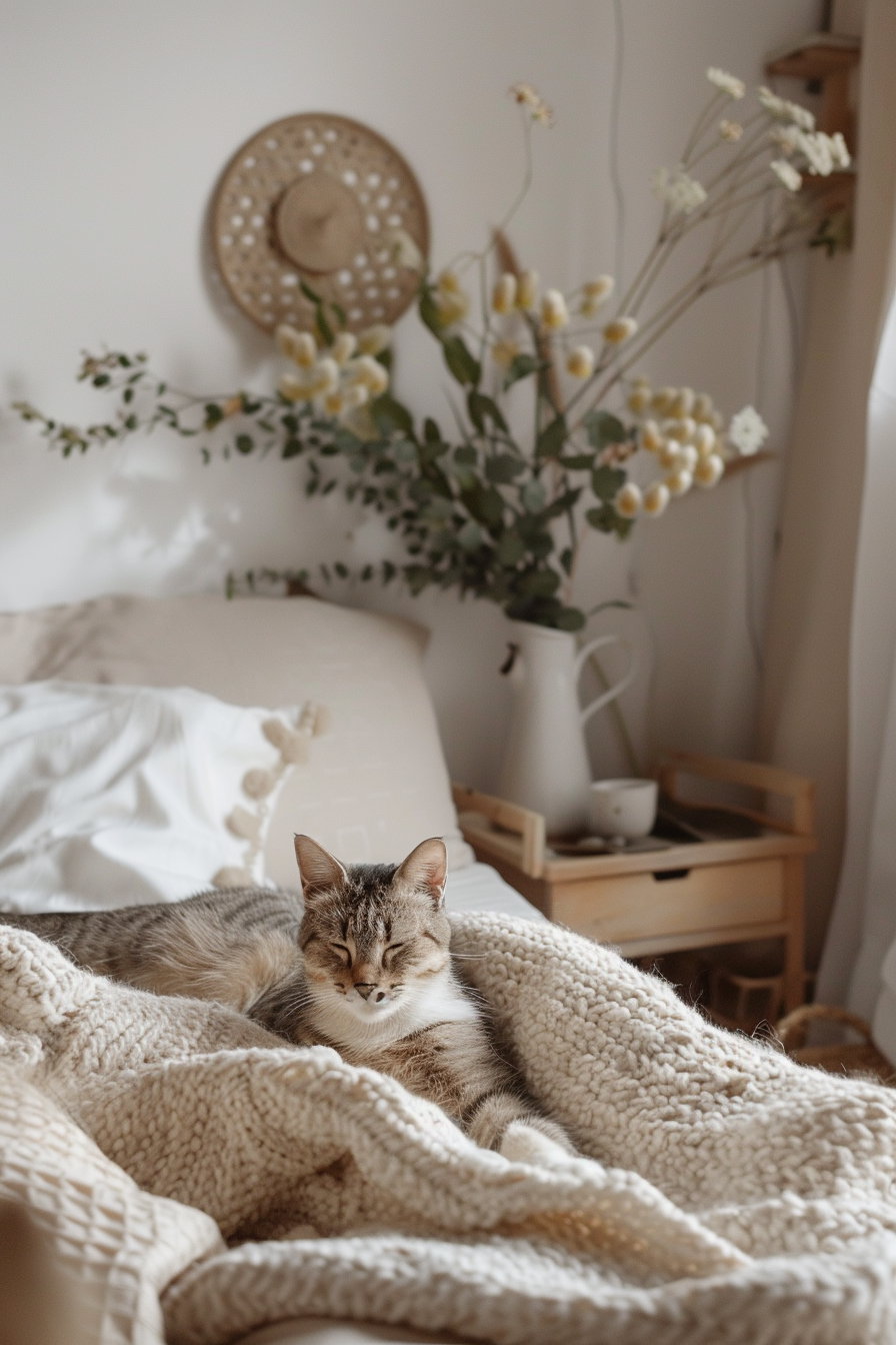 Cozy cat lounging in beige bedroom with soft blankets