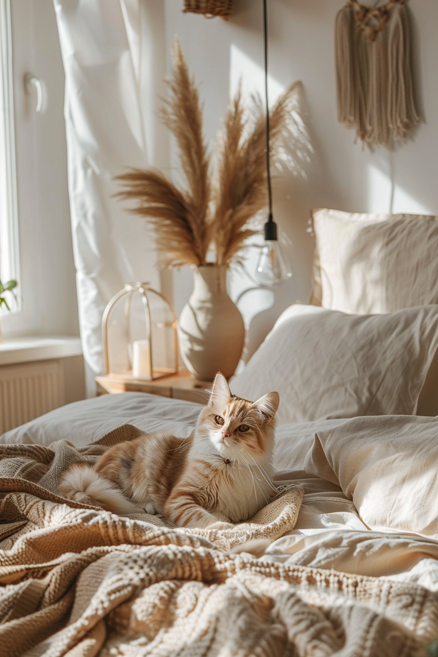 Cozy cat lounging in neutral beige bedroom with soft blankets