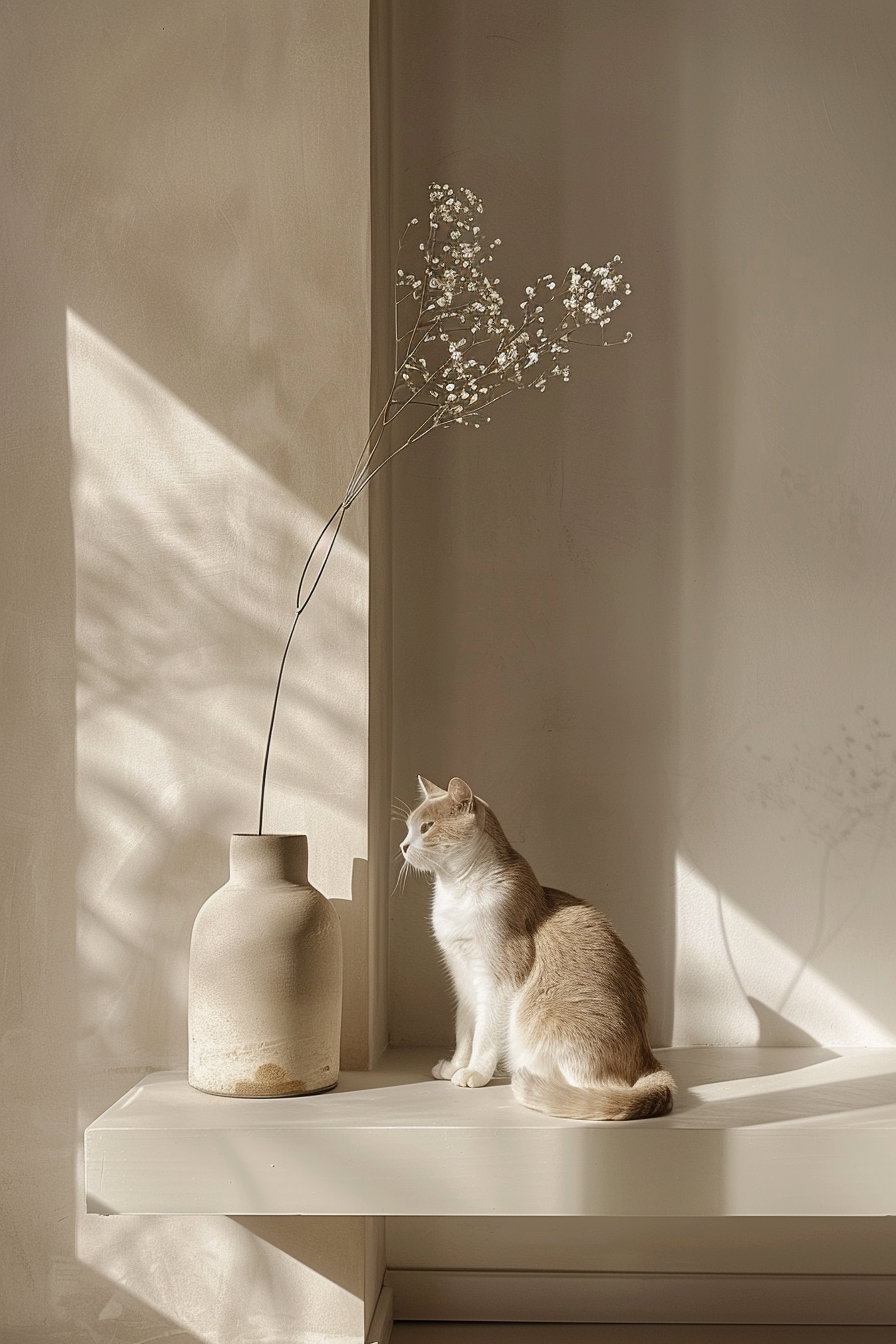 Minimalist cat decor in beige palette with soft shadows