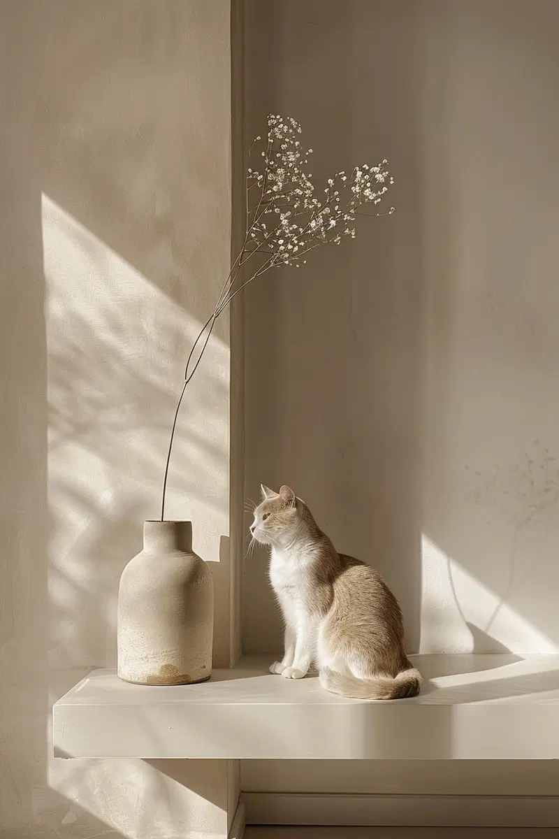 Minimalist Cat Wall Art Decor in Beige Aesthetic