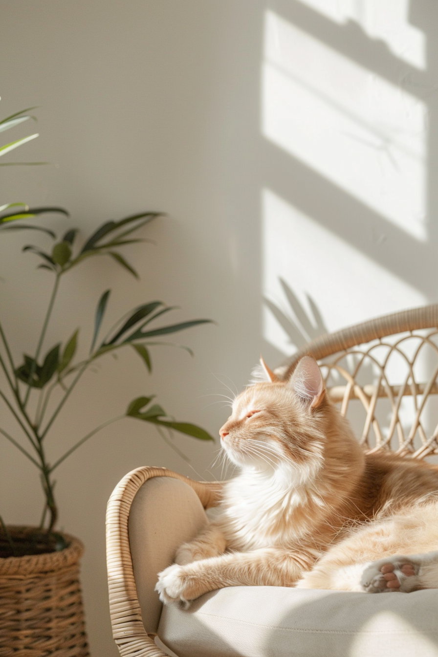 Minimalist cat lounging in cozy beige interior decor