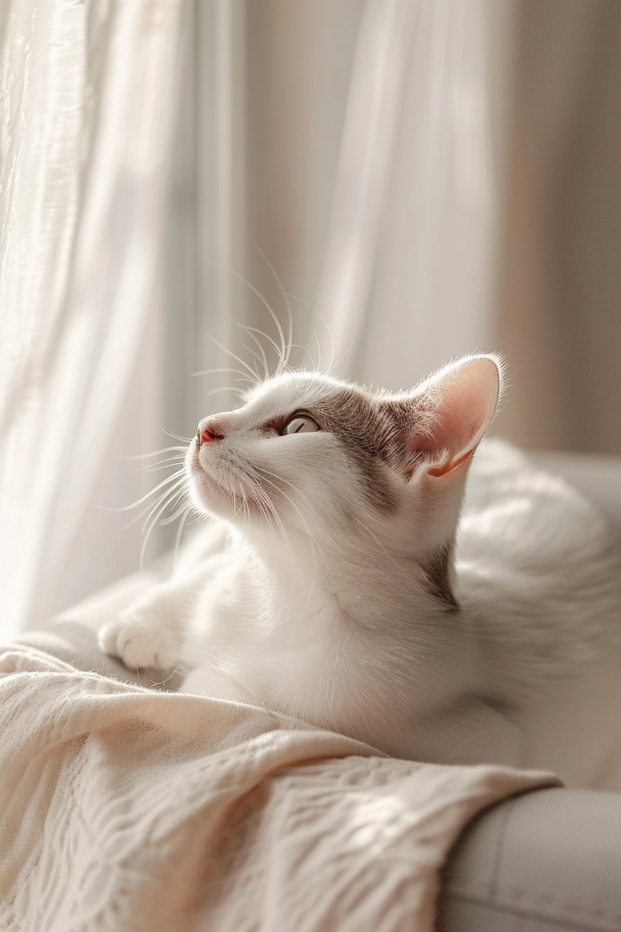 Minimalist cat lounging in cozy beige interior decor