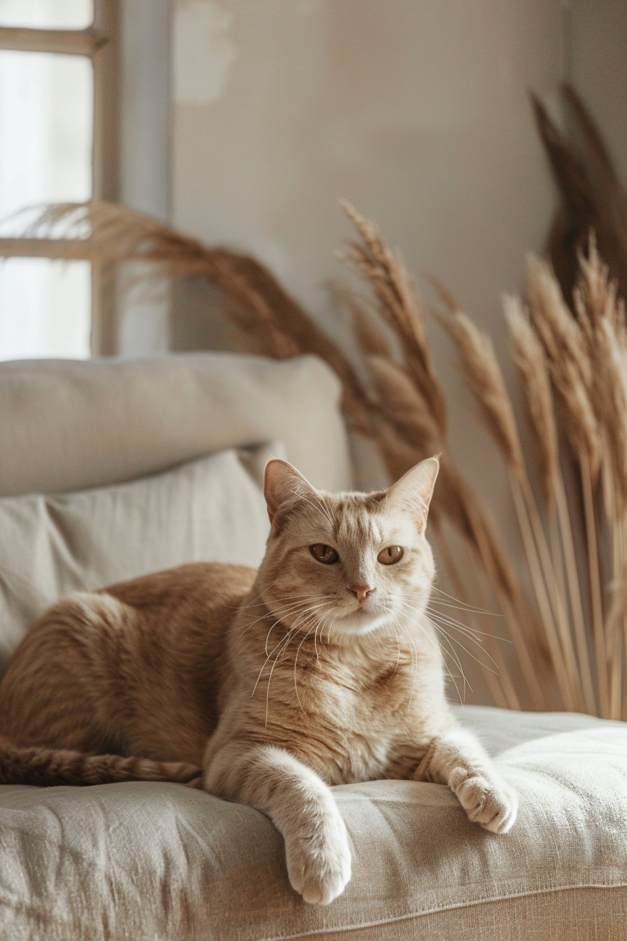 Minimalist cat lounging in cozy beige interior decor