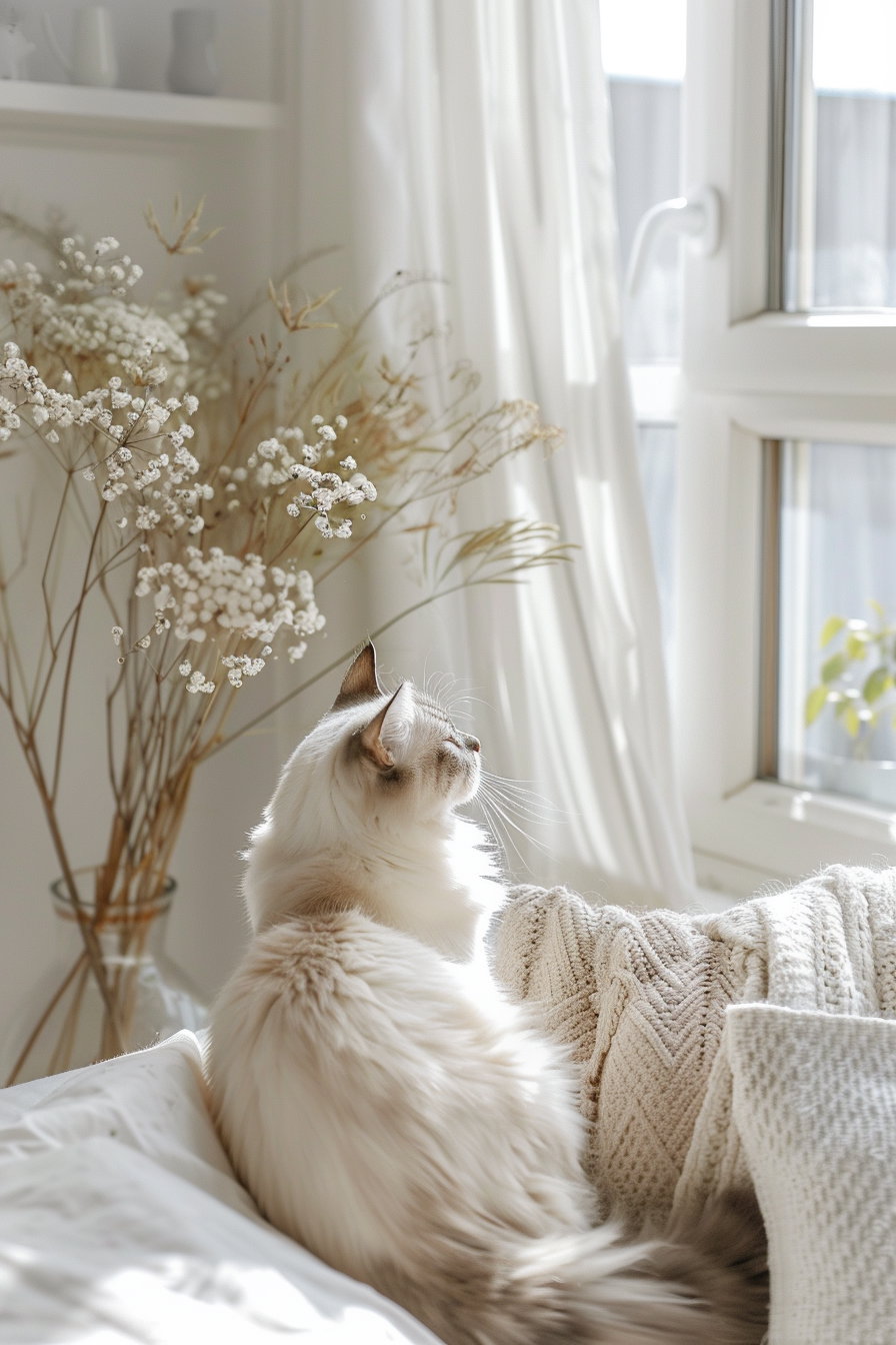 Cat sitting in minimal Scandinavian decor with soft tones