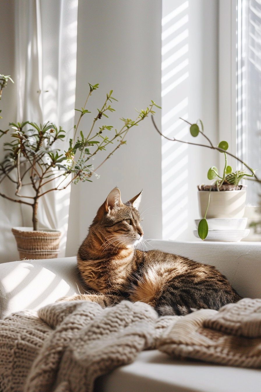 Cat relaxing in Scandinavian style minimal decor setup