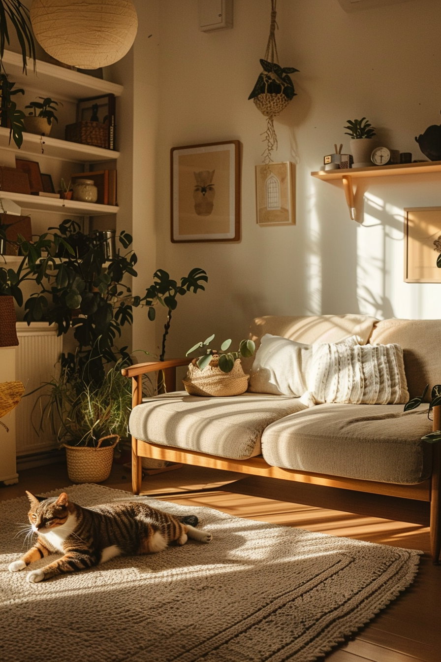 Cozy neutral living space with cat and warm lighting