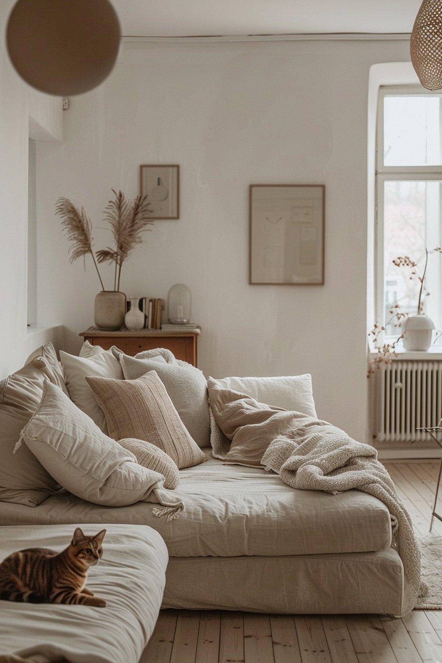 Cozy neutral living room with cat and warm lighting