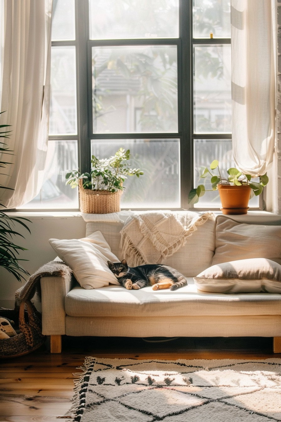 Cozy living space with cat, warm light, minimal decor