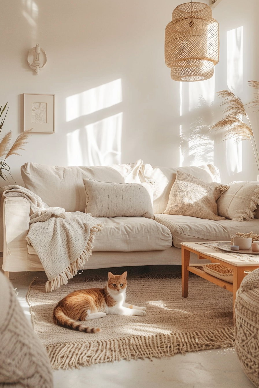 Cozy living space with cat in warm light