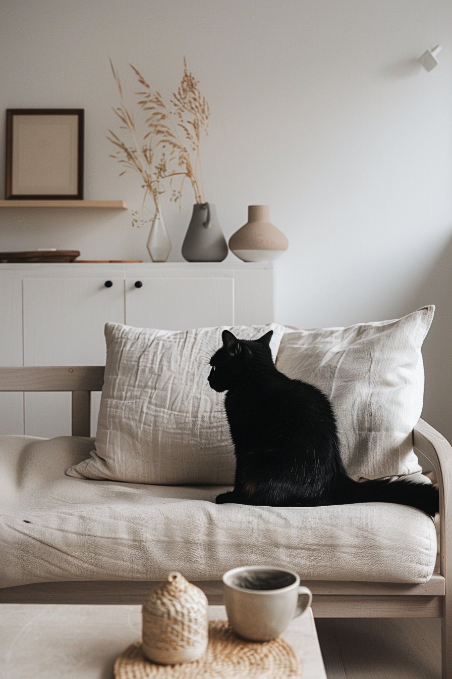Cozy neutral home decor featuring a black cat and soft textures