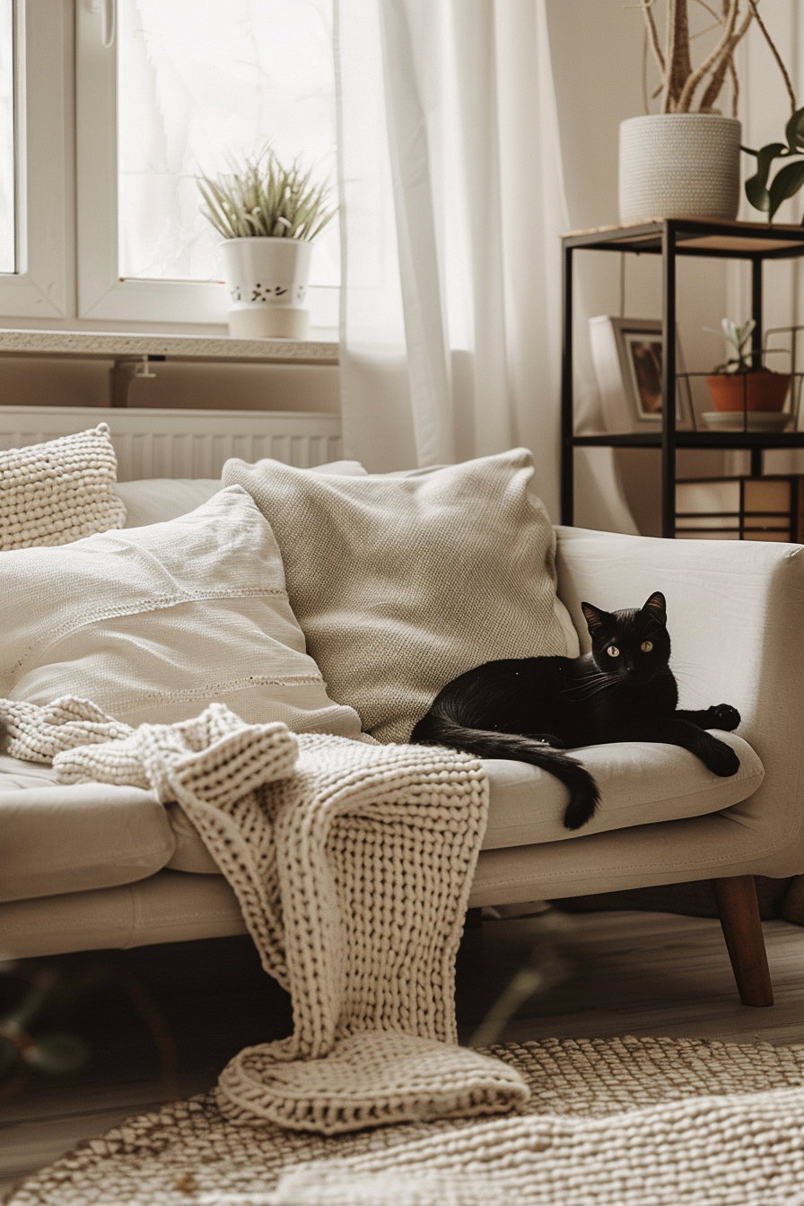 Neutral home decor featuring a black cat and soft textures