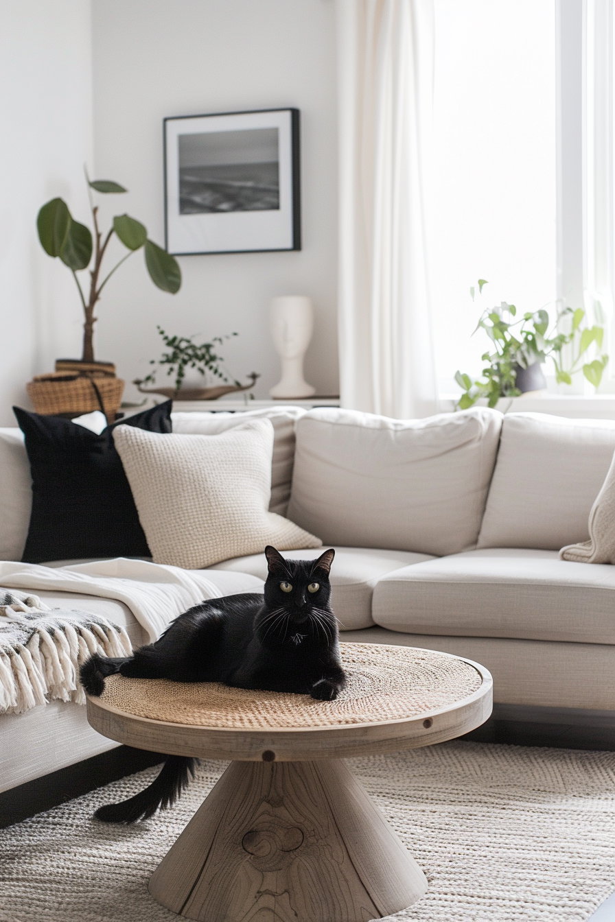 Cozy neutral home decor featuring a black cat and minimal furniture