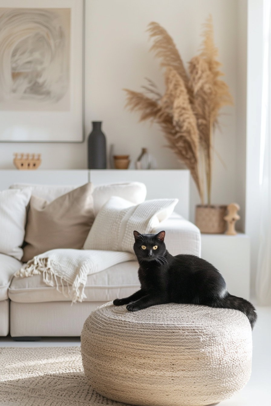 Cozy modern living room with black cat and soft textures