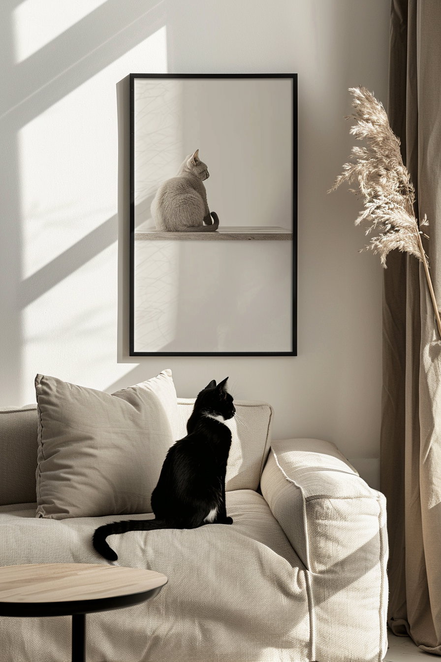 Minimalist cat wall art in beige toned room
