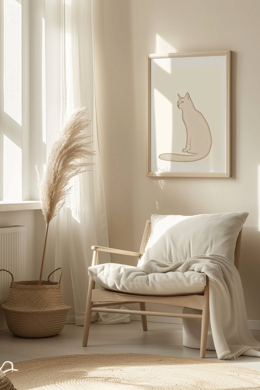 Minimalist cat wall art in beige framed print