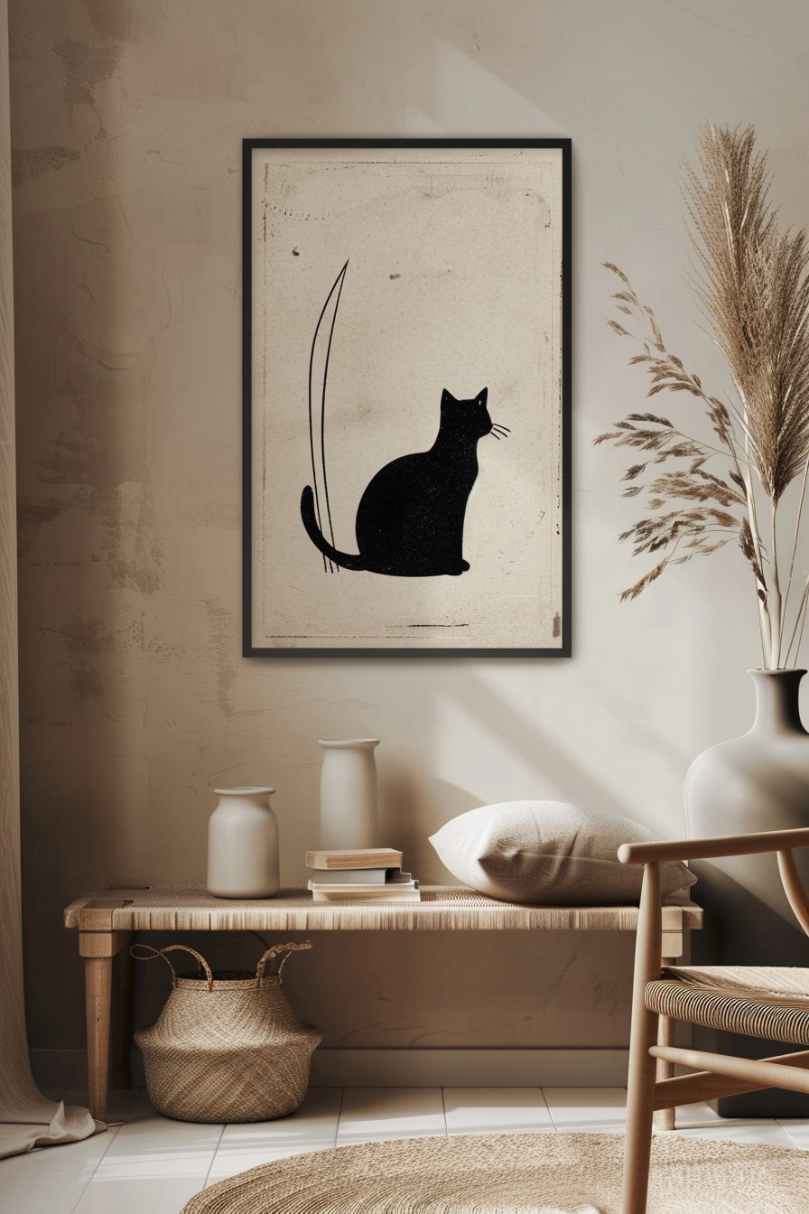 Minimalist cat wall art in beige room decor