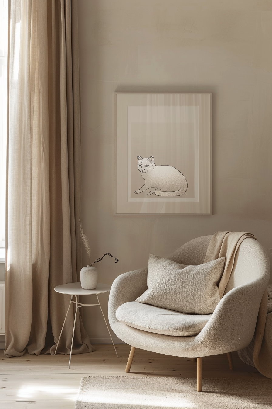 Minimalist cat wall art in beige room decor