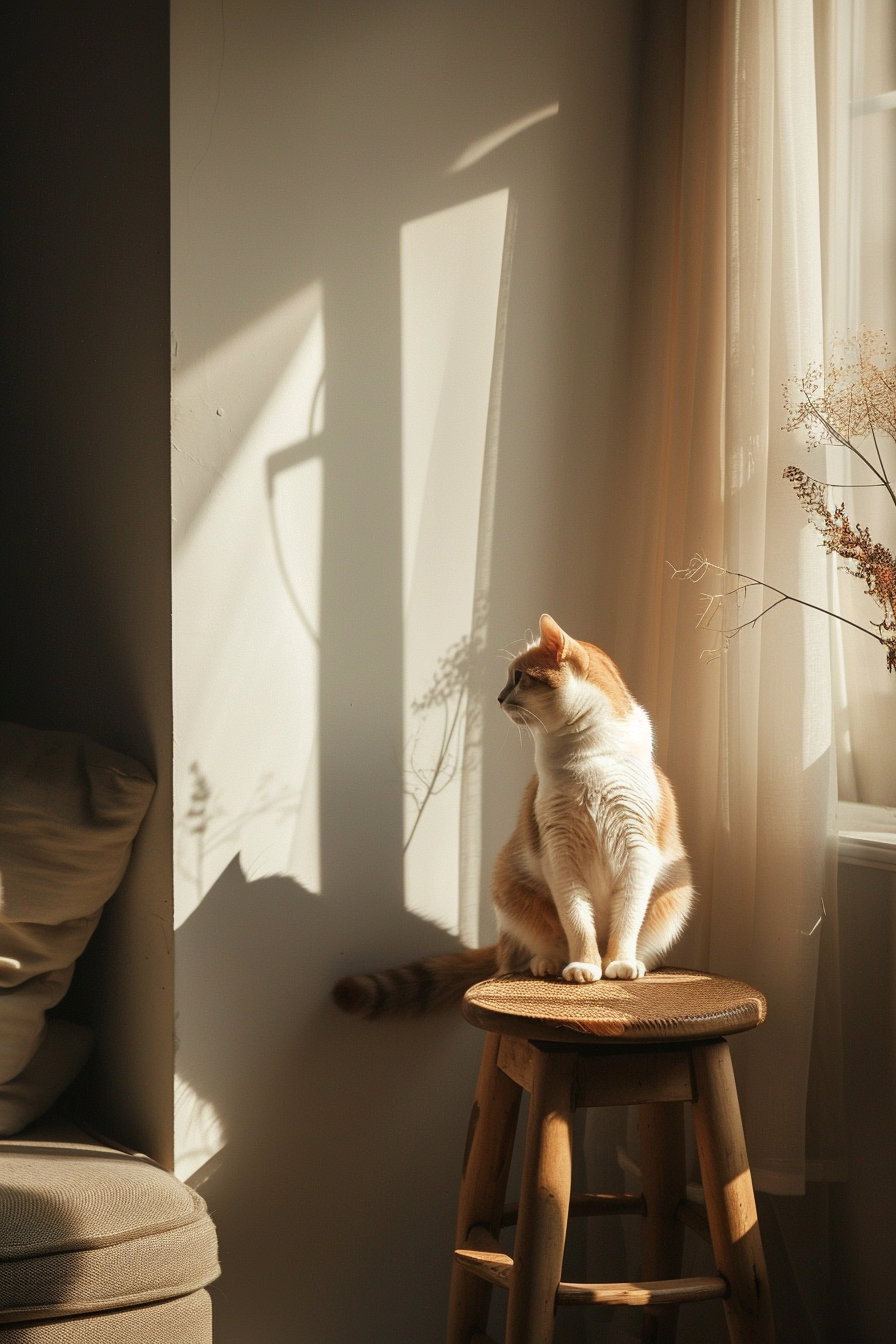 Cat lounging in warm-toned neutral aesthetic room with simple decor