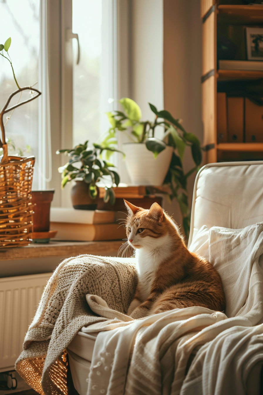 Cat lounging in warm-toned minimalist room with natural light