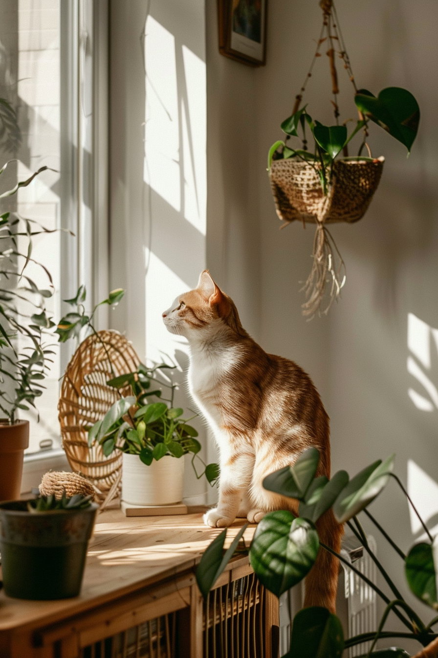 Cat lounging in warm-toned minimalist room with natural light