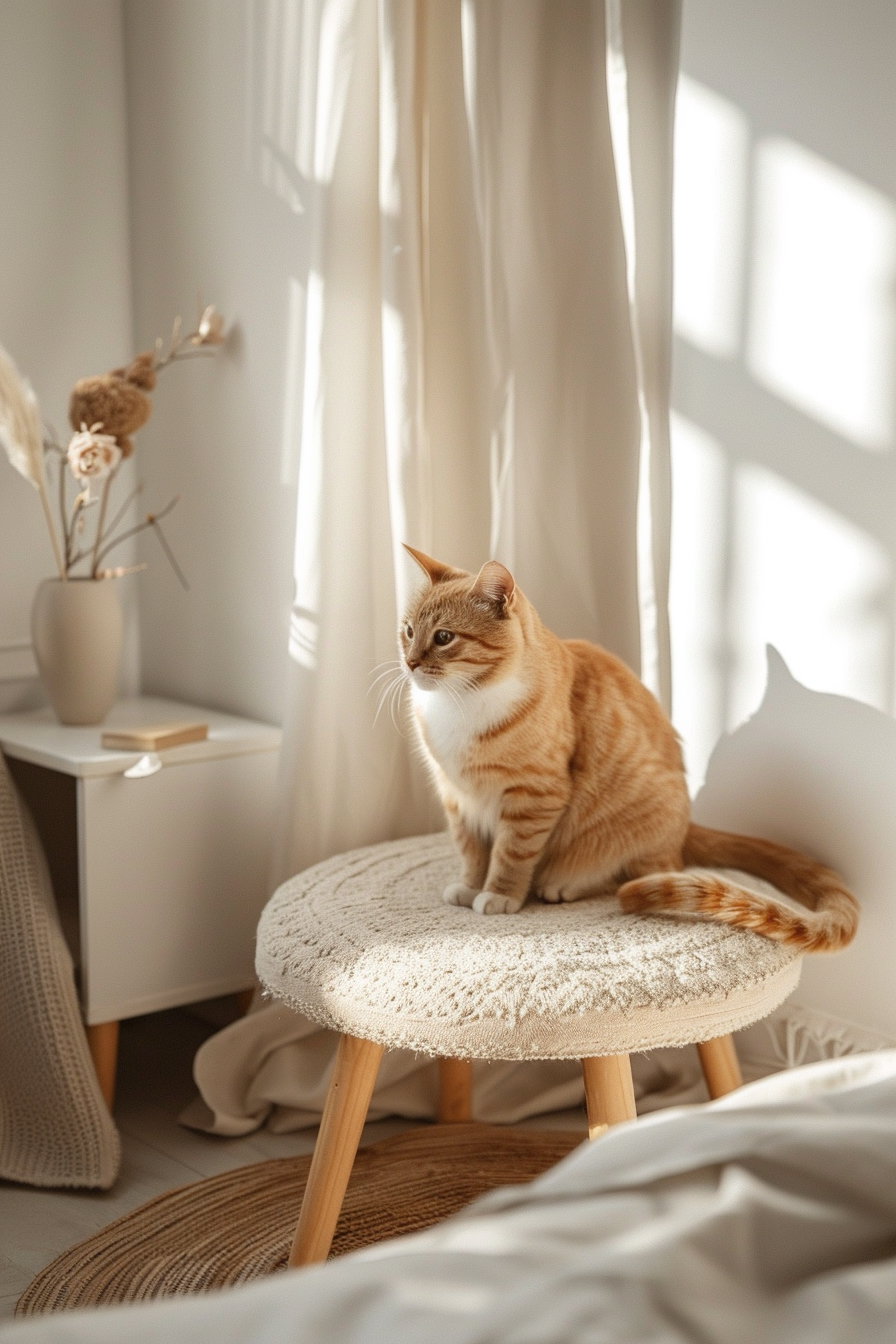 Cat lounging in warm-toned minimalist room with natural light