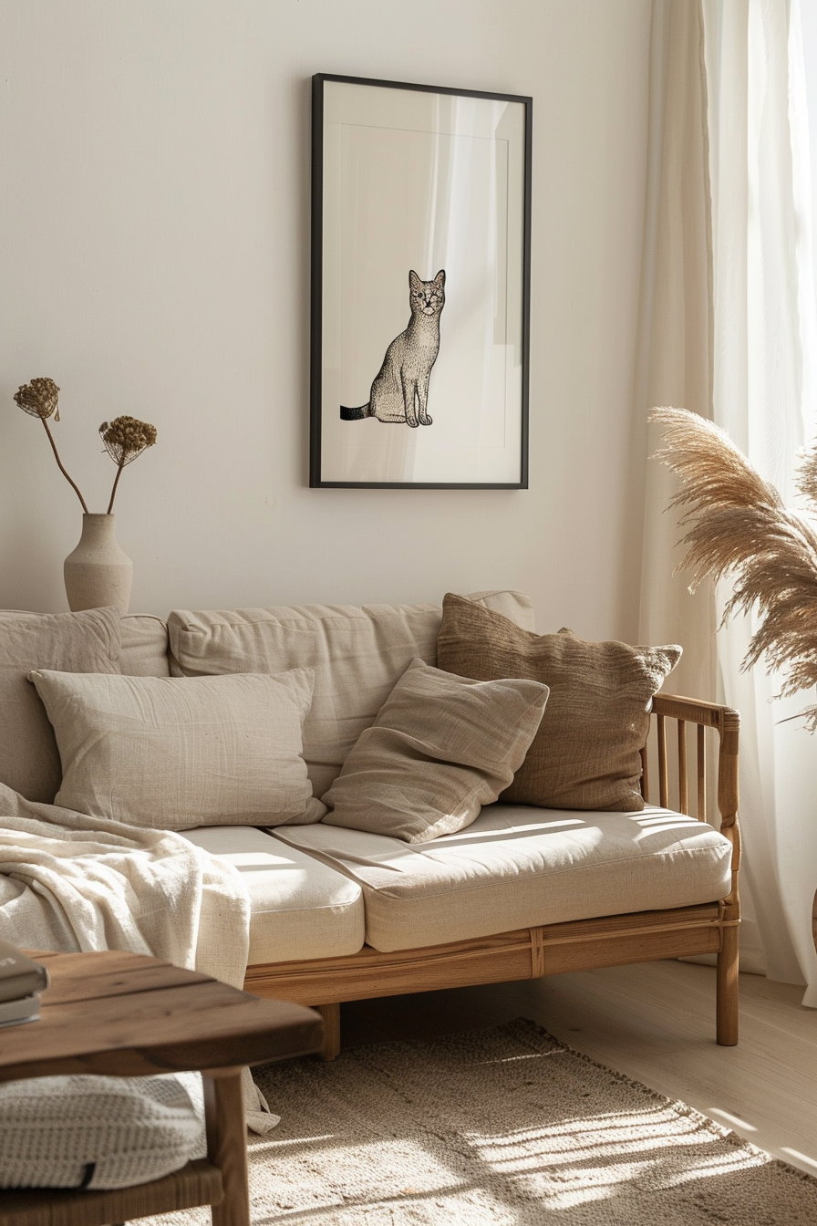Neutral cat wall art above sofa in minimalist living room