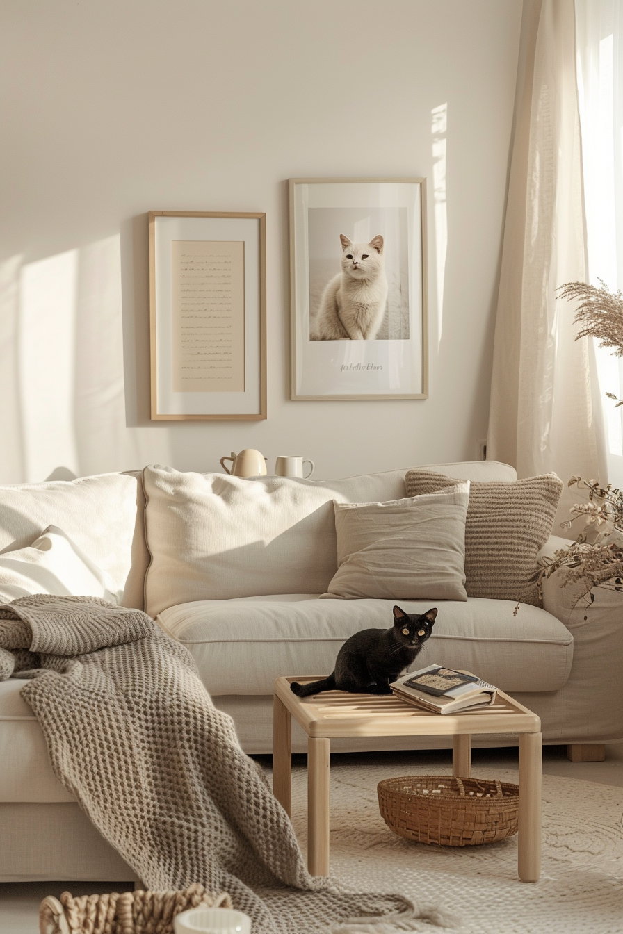 Neutral cat wall art in minimalist living room above sofa