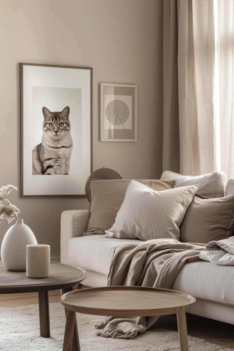 Neutral cat wall art in minimalist living room above sofa
