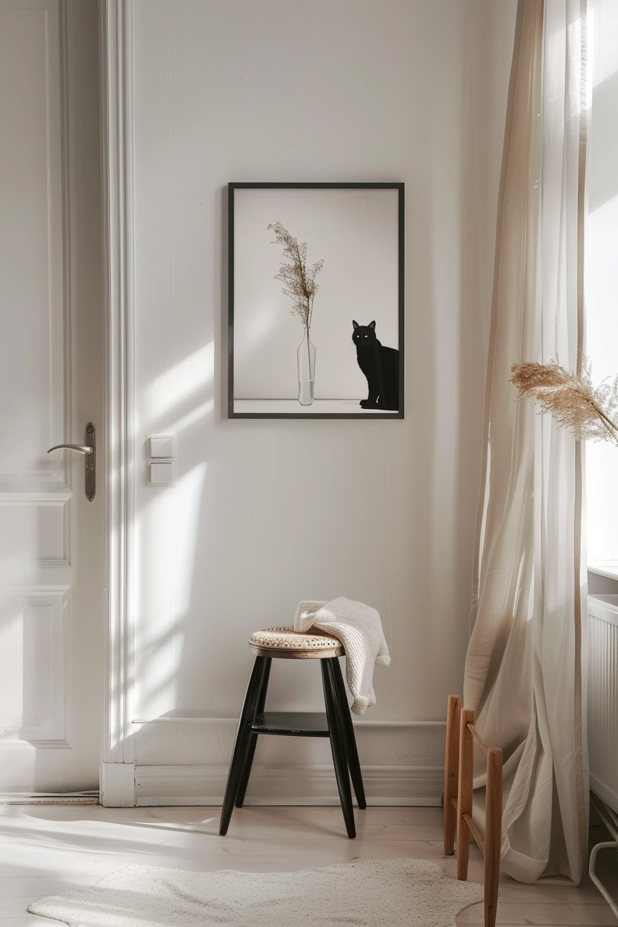 Minimalist cat poster framed on white wall in hallway