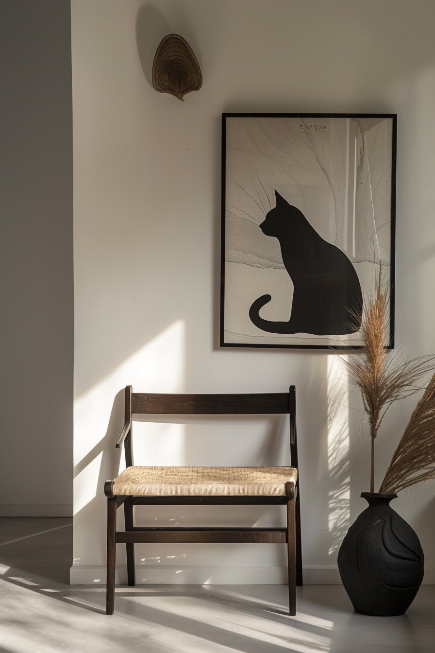 Minimalist cat poster framed on white wall in hallway