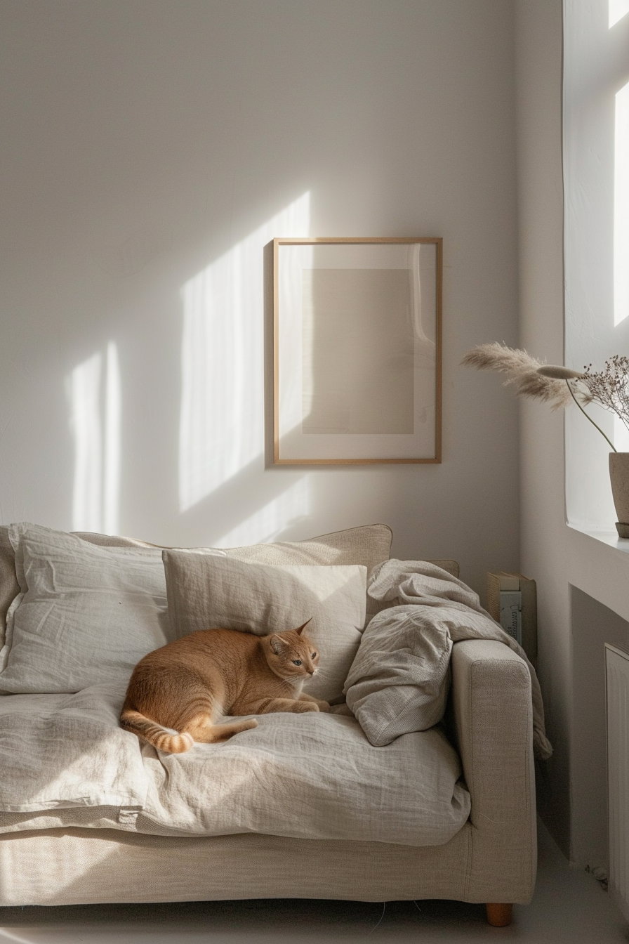 Minimalist cat poster in neutral hallway with soft shadows