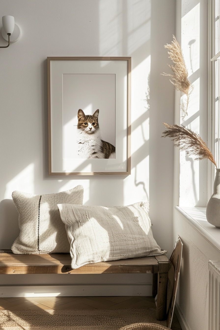 Minimalist cat poster in neutral hallway with soft shadows