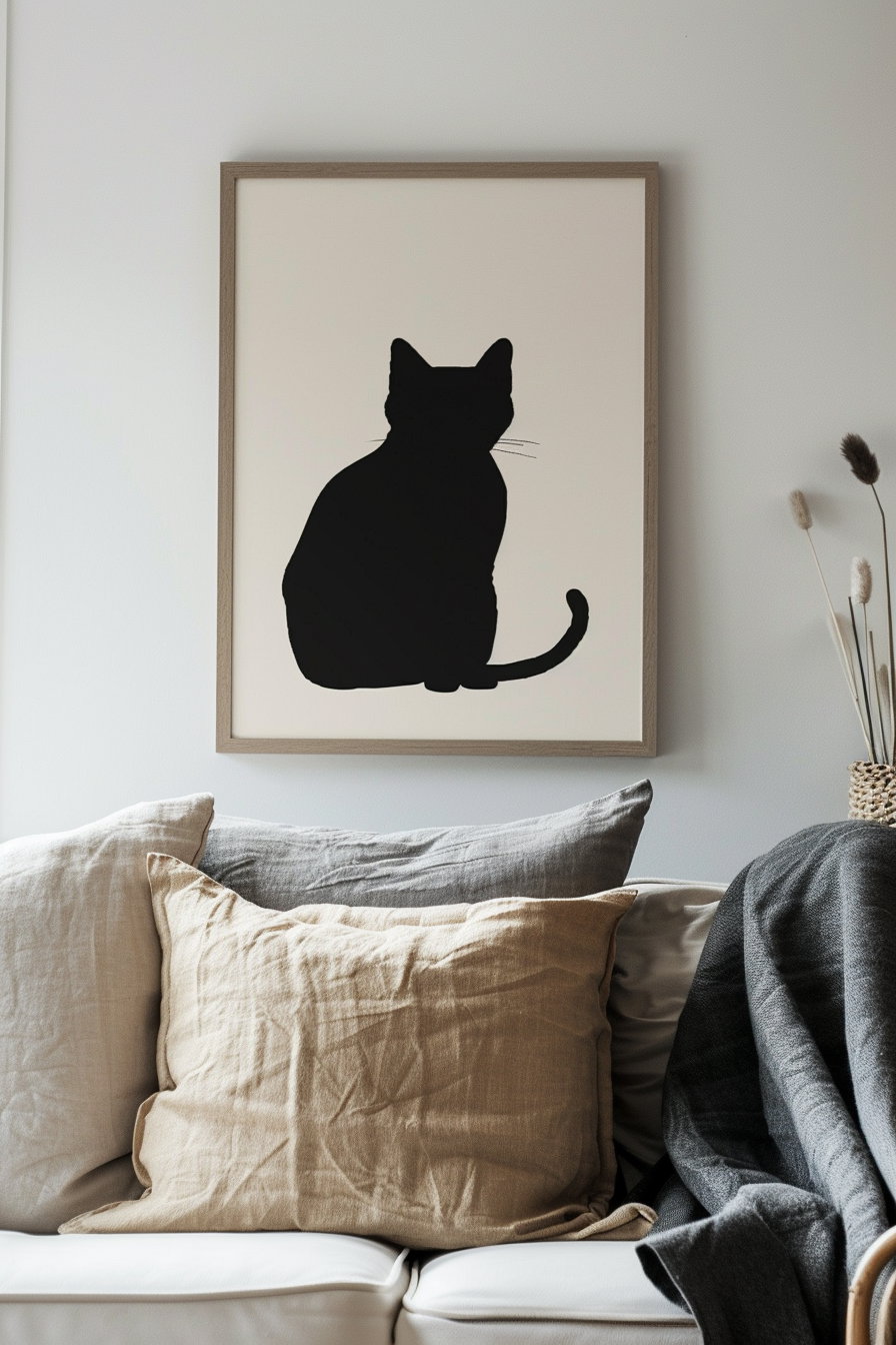 Black cat wall art in cozy minimalist interior