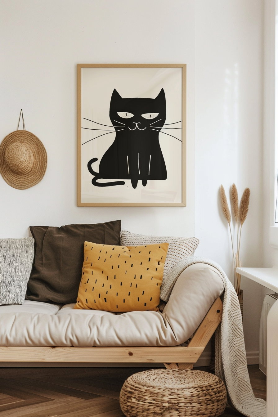 Black cat wall art in cozy minimalist interior