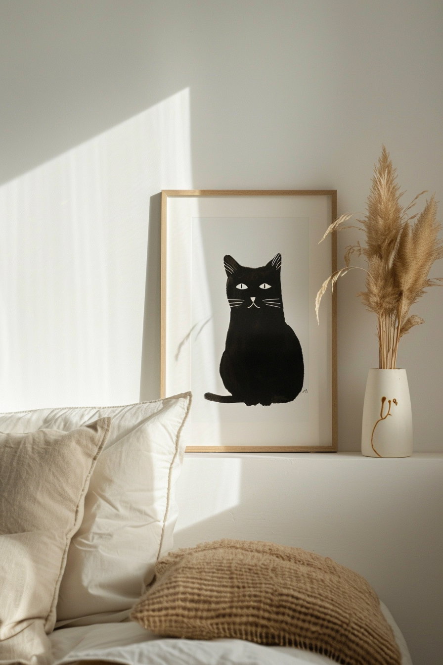 Black cat wall art in cozy minimalist decor setting