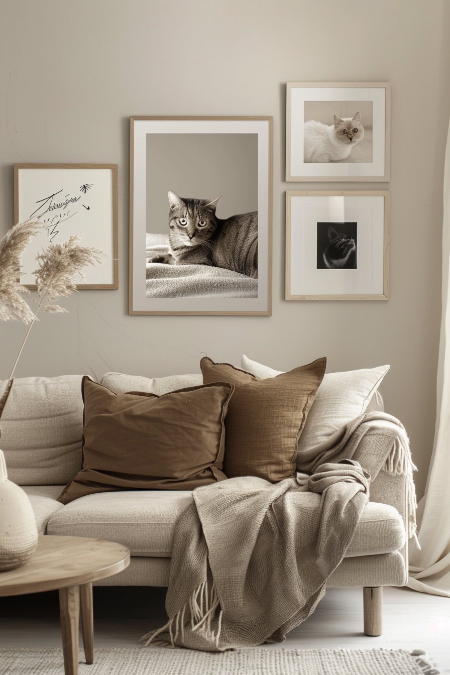 Cat wall art in wooden frame on beige wall
