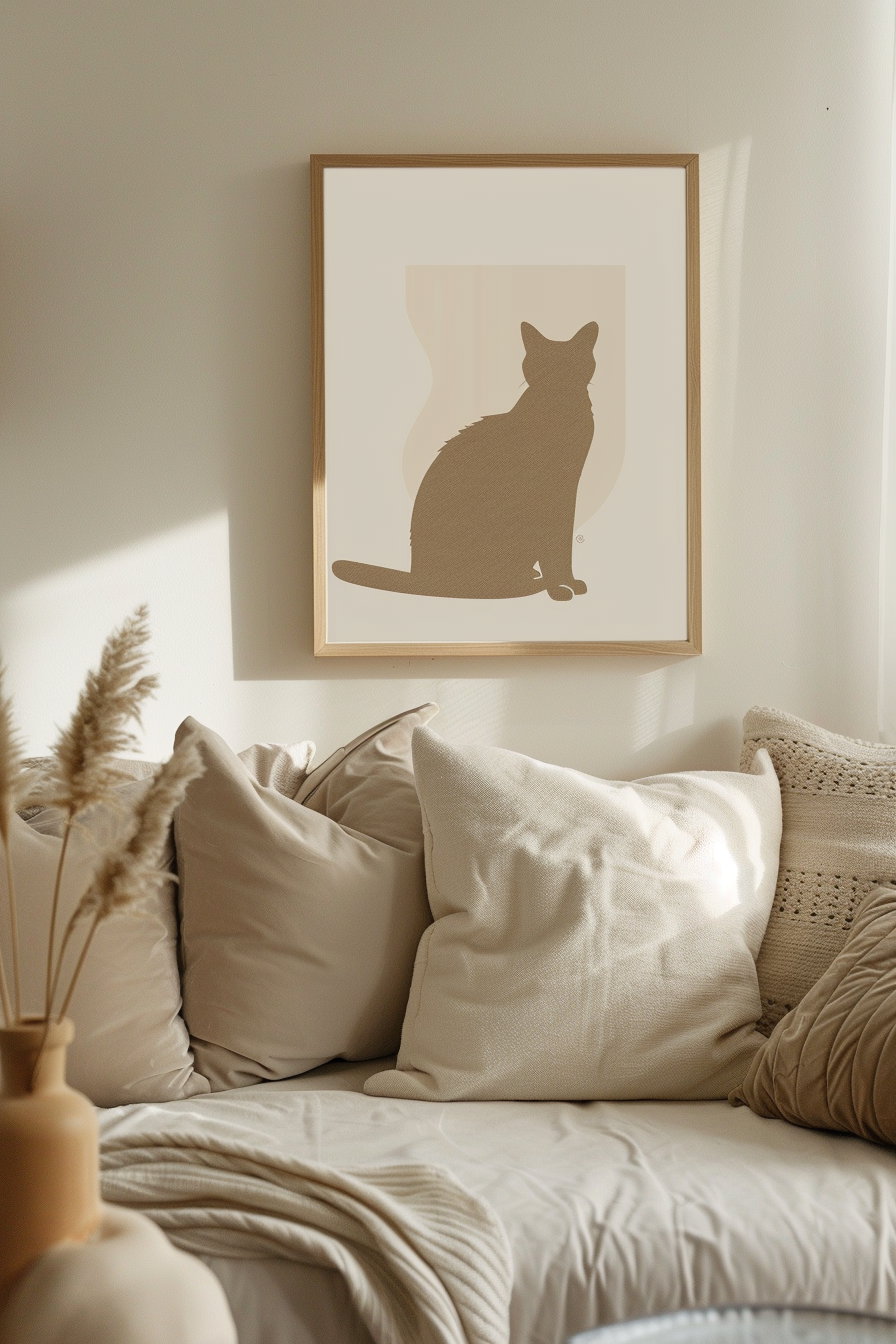 Cat wall art in wooden frame on beige wall