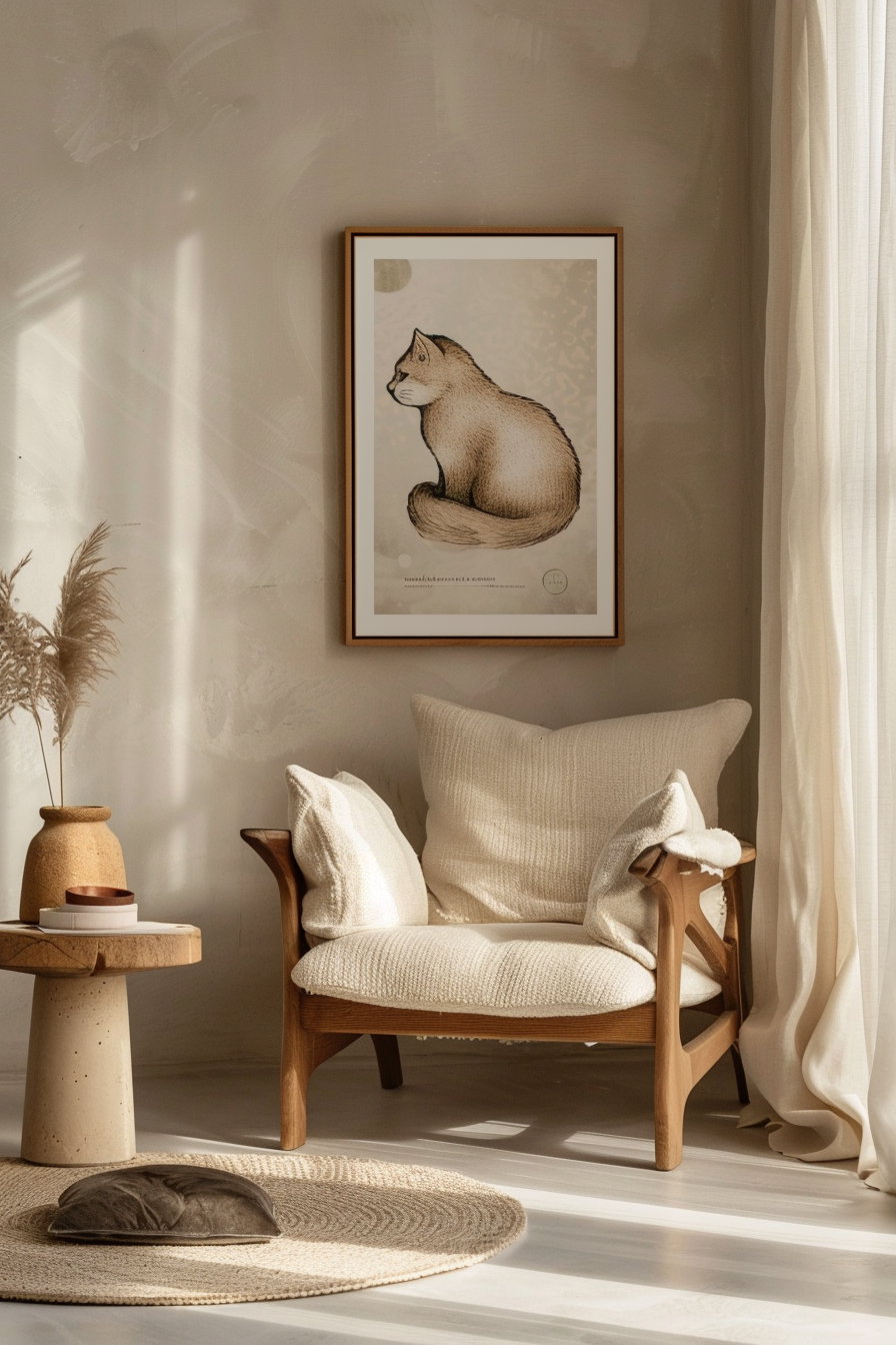 Cat wall art in wooden frame on beige wall