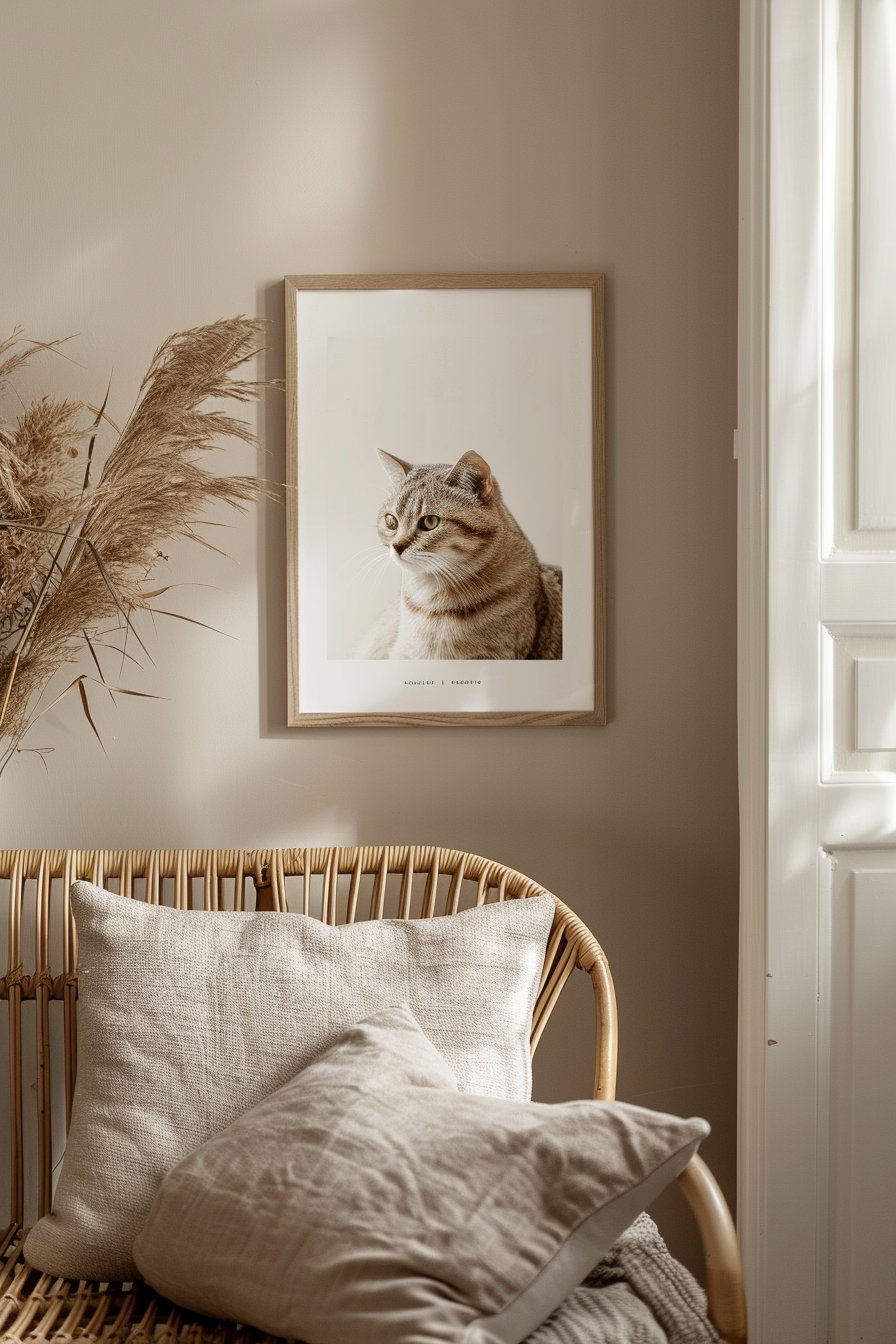 Cat wall art in wooden frame on beige wall