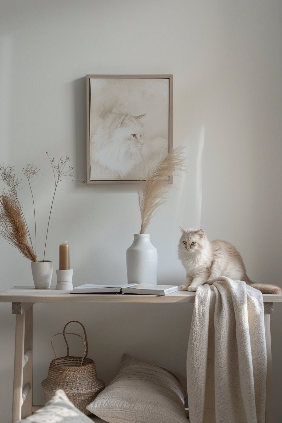 Minimalist cat wall art above a neutral console table