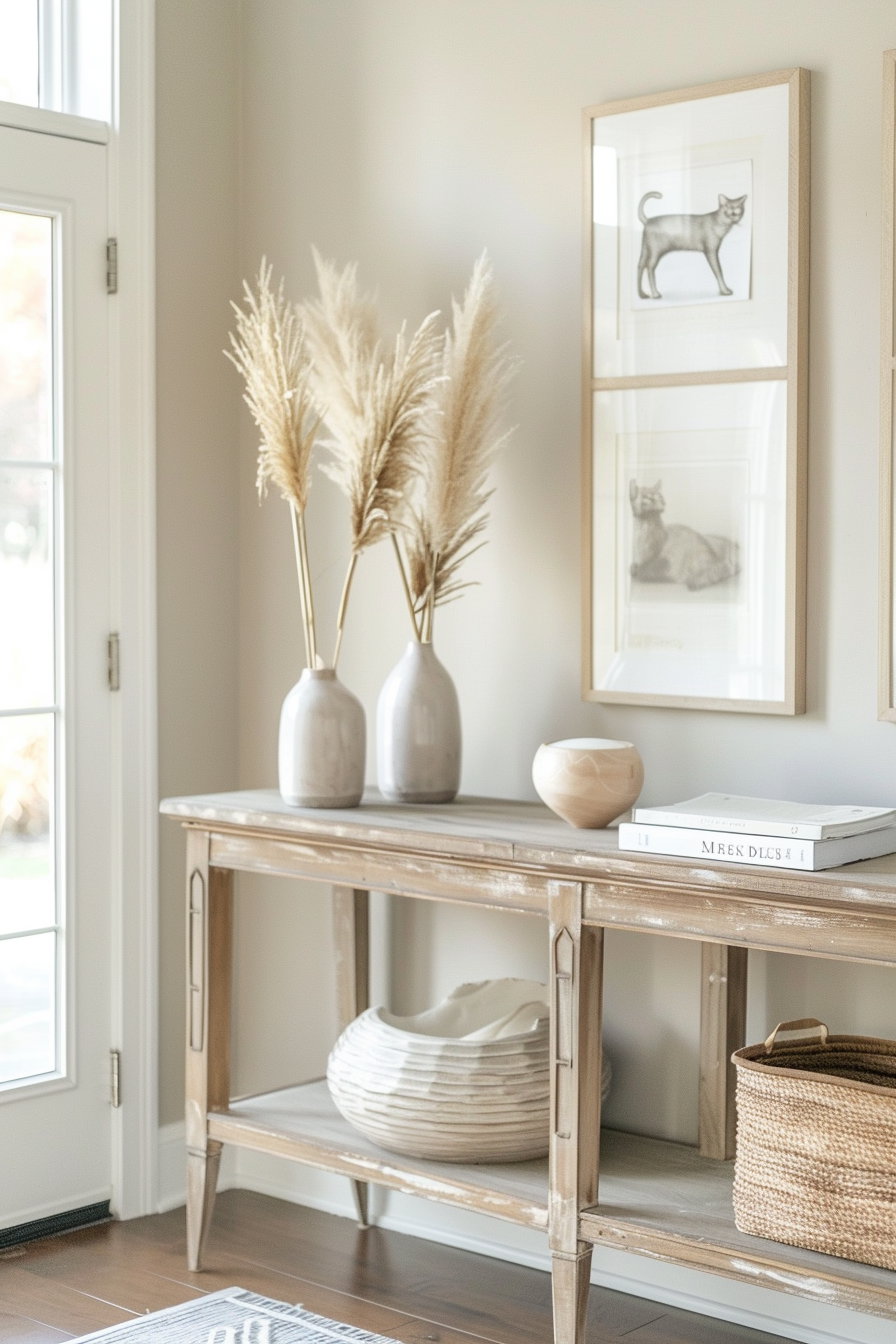 Minimalist cat wall art above stylish console table